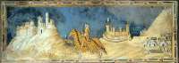Simone Martini: „Guidoriccio da Fogliano“ zeigt am rechten Rand  das Castello di Sassoforte, möglicherweise Inspiration für einen Schauplatz im Roman. Das Gemälde ist im Palazzo Pubblico von Siena zu sehen. © wikipedia