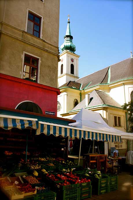 Kutschkermarkt in Wien Währing, im Hintergrund die Gertrudkirche. ©  Stadtbekannt Medien GmbH/ nohl