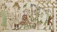  Dorfgründung im Mittelalter (links Bürgermeister und Lehensherr) Quelle: Heidelberger Sachsenspiegel © gemeinfrei