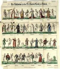 Der Lübecker Totentanz, 1701. St. Marienkirche, Lübeck. Das Bild stammt aus einem Prospekt von 1842 mit der ausführlichen Beschreibung des Bildes. © wikipedia