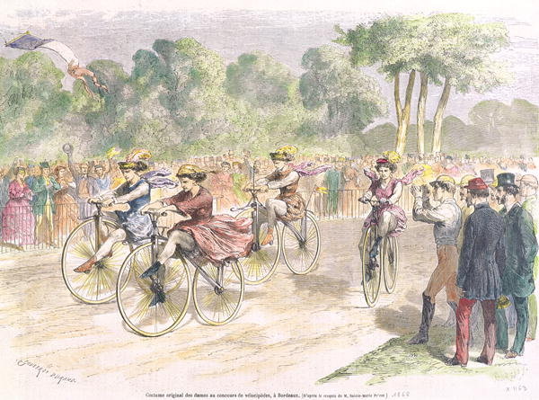 Die Erste bekannte Abbildung eines Frauenradrenens. Bordeaux 1868. © gemeinfrei