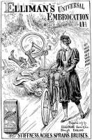  Radfahrerin im Fahrradanzug mit Blommers (Pumphosen) in einer Werbung für Einreibemittel, 1897. © gemeinfrei