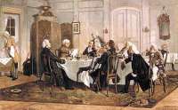 Kant und seine Tischgenossen. Kolorierter Holzstich. 1892 / 93. Links stehend: Martin Lampe. Gastgeber Kant ist der zweite von links. @ gemeinfrei