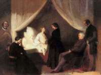 Chopin auf dem Sterbebett, umgeben vom Priester, seiner Schwester Ludwika Jedrzejewicz, der Pianistin Prinzessin Marcelina Czartoryska und zwei Freunden. Das Gemälde stammt von Anton Teofil Kwiatkowski. © gemeinfreii