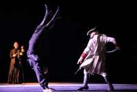 der Rotweißrote kämpft mit dem Säbel, der Schwertkämpfer macht einen Purzelbaum.