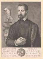 Beventuto Cellini , Kupferstich von Giovanni Carlone aus „Serie von Porträts berühmter toskanischer Persönlichkeiten mit historischen Lobeshymnen auf diese“, 18. Jh. Quelle: ÖNB / wikipedia gemeinfrei