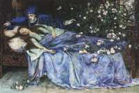 Der Name Rose erinnerit an das Märchen von Dornröschen. Der britische Maler Henry Meynell Rheam, zur Gruppe der Präraffaeliten zählend hat die schlafende Schöne 1899 in einem Aquarell festgehalten. © public domain