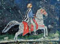 Dora Carrington (1893–1932): „Iris Tree on a Horse". Am Cover (Pappendeckel ohne Schutzumschlag) der englischen Ausgabe ist nur das Auge des Pferdes zu sehen, schlägt man das Buch auf, ist das Gemälde ganz zu sehen.   Quelle: The Ingram Collection of Modern and Contemporary British Art;