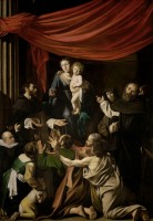 Caravaggio:  Rosenkranzmadonna. Menschenknäuel in Anbetung, die Hintenstehenden sehen weder die Mutter noch das Kind. Meusumsbesucher*innen sehen alles. © KHM-Museumsverband