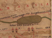 Ausschnitt aus der Tabula Peutingeriana mit der Bezeichnung Arbor Felix Brigantio. Das Gewässer ist der Bodensee;  Brigantium hießen mehrere römische Kastelle im Raum von Bregenz.  © gemeinfreie / ÖNB