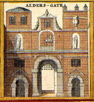 Illustration von 1650. Nach dem  ehemalige Aldersgate Tor ist die Straße, in der sich auch Slough House befindet, benannt. © wikipedia