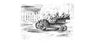 Für eine private Fahrt leistet sich Samson eine motorisierte Droschke. Dienstfahrten werden noch mit der Pferdekutsche absolviert.  © Juri Nikitin, Buchillustration